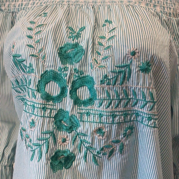 Grand & Greene Womens Green Boho Off The Shoulder Embroidered Top Size Medium - Picture 2 of 7